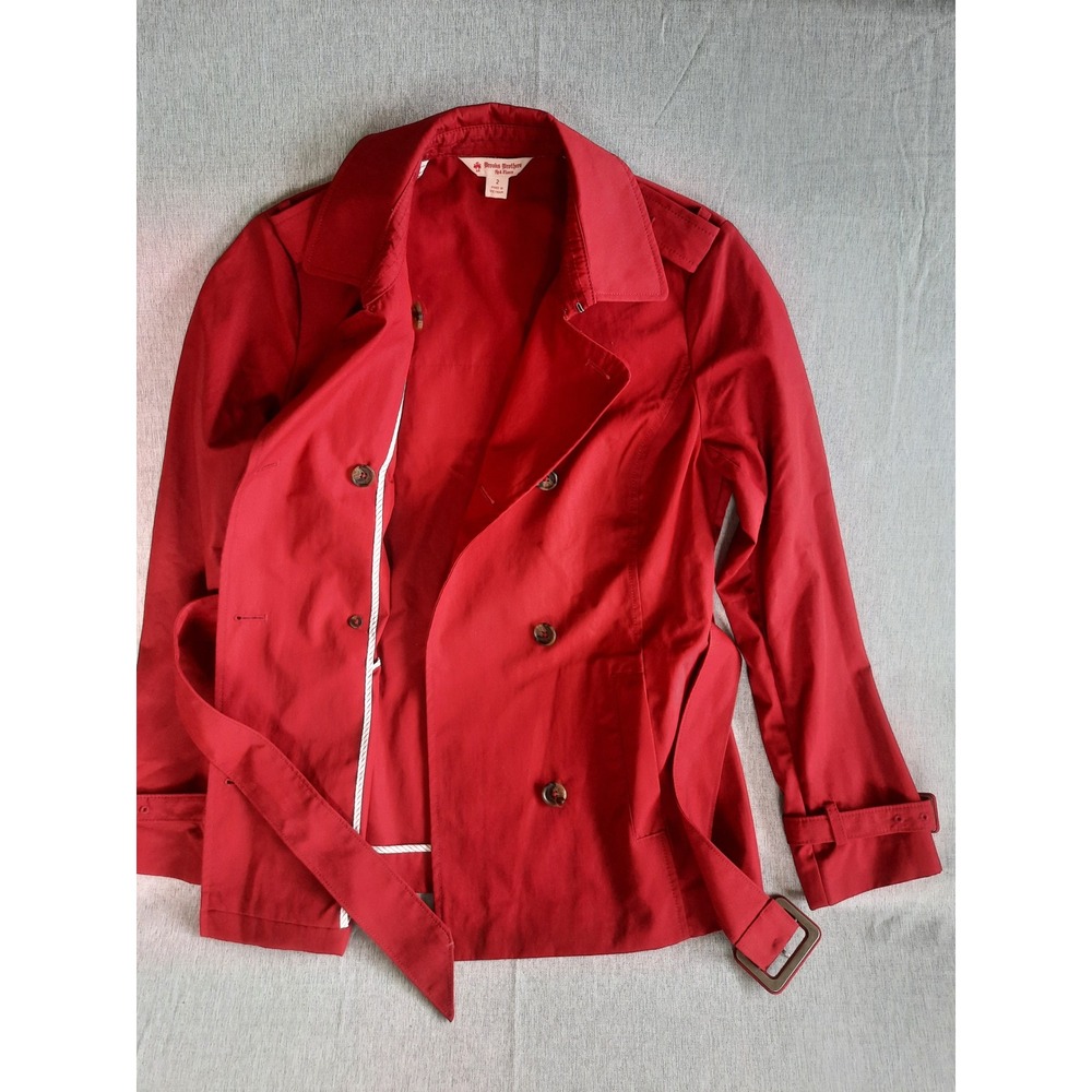 Brooks Brothers Red Fleece Double Breasted Trench Coat Women's Size 2 Red Belted